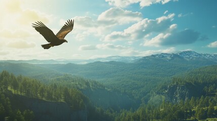 Fototapeta premium An eagle soars majestically over a breathtaking landscape of lush forests and snow-capped mountains under a cloudy sky