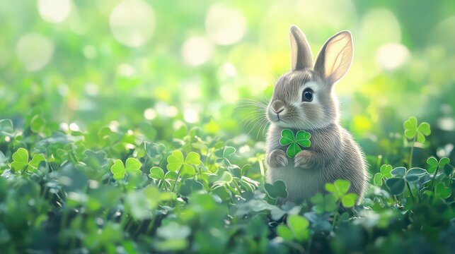 Lucky Bunny Clovers St. Patrick's Day celebration with cute rabbit and green shamrocks, St. Patrick's Day, lucky, bunny