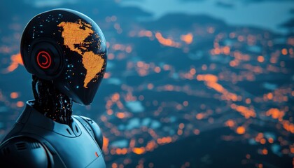 Futuristic Robot with Digital Globe Head Over City Lights at Night