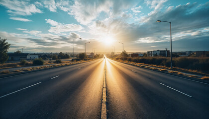 Empty road leading surrounded by beautiful nature at sunset, background