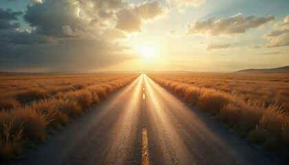 Fototapeta premium Empty road leading to the sun and clouds surrounded by beautiful nature at sunset, background