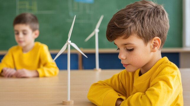 clean energy wind solutions concept. Two boys in yellow shirts focus on wind turbine models in a classroom setting.