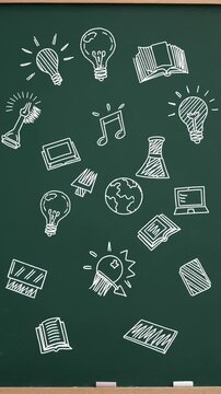 Doodle-style education icons scattered across a chalkboard-like background, symbolizing various learning topics