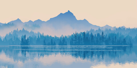Fototapeta premium Mountain lake at dawn, misty silhouettes of ridges, forest and fog, panoramic view, vector illustration