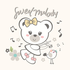 Cute bear vector surrounded by beautiful floral decoration and small insects, creating a peaceful nature scene

