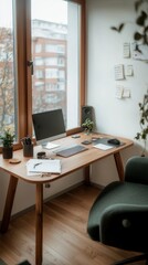 Fototapeta premium Modern Home Office Desk Setup Minimalist Workspace near Window