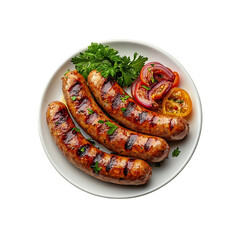 a plate of  grilled sausage isolated on a transparent background, in a PNG format