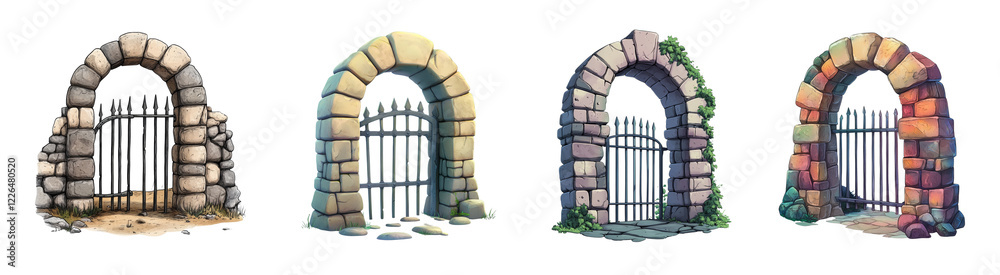 Poster four stylized illustrations of stone archways with metal gates, each exhibiting a unique texture and