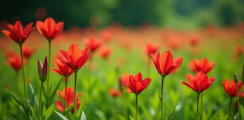 Obraz premium Red alstroemeria in a field of greenery and foliage, alstroemeria, field, flowers