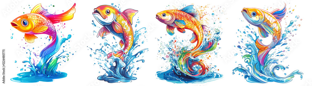 Poster four stylized rainbow-colored fish dynamically leap from water splashes against a black background, 