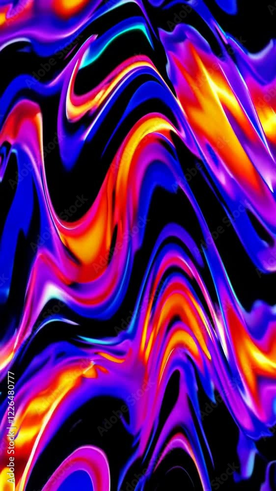 Poster bold abstract wave patterns in bright gradient hues, giving a sense of motion and energy