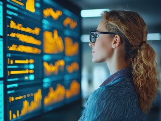 Professional Woman Analyzing Data on Digital Dashboard in Office