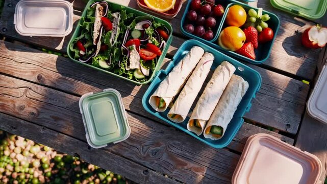 An overhead shot of an eco-friendly lunch spread in reusable containers, featuring salads, wraps, and fresh fruit on a wooden picnic table.