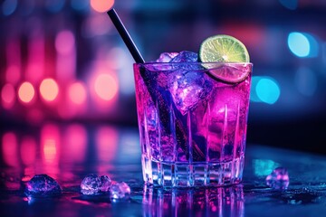 Purple cocktail with lime and ice cubes on a reflective surface with blurred background lights