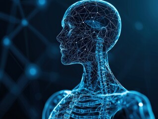 Futuristic Human Skeleton Structure with Digital Wireframe Design