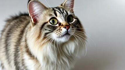 Fluffy cat with striking features explores a bright indoor space