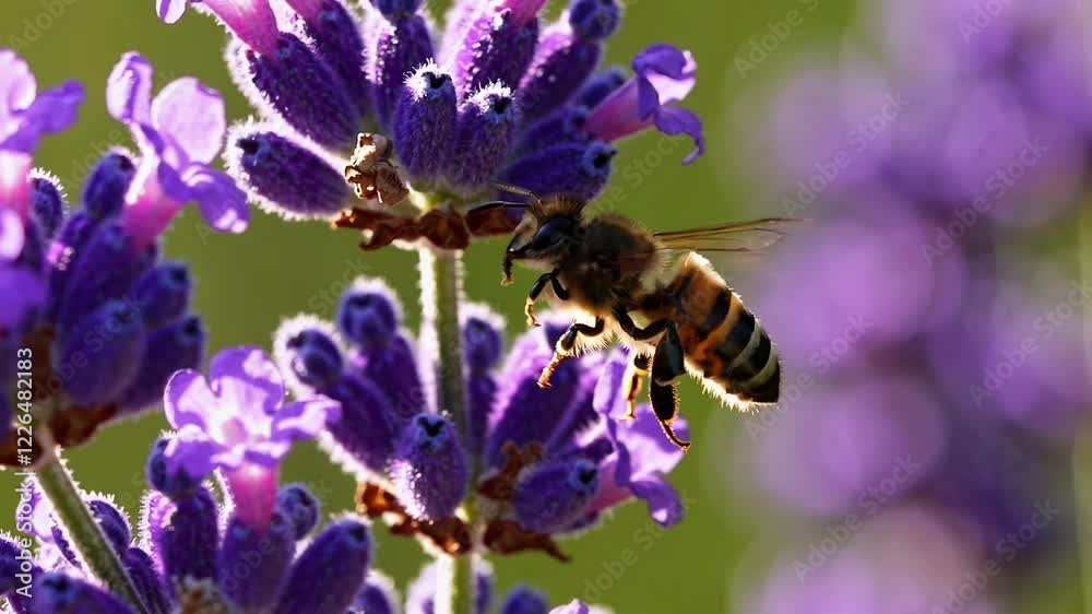 Poster a macro shot of a honeybee mid-flight near lavender blooms, capturing delicate wing movement and vib