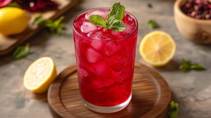 Refreshing red berry drink with lemon and mint served in tall glasses. Perfect for summer and beverage concepts.