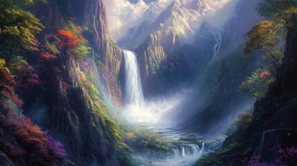 Autumn Waterfall, Majestic Mountains, Serenity, Fantasy Landscape, Calming Nature Scene