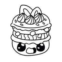 Line Art Macaroons Kawaii Cute Cake Coloring Page Hand Drawn Art Vector Hand Drawing Watercolor Illustration Icon