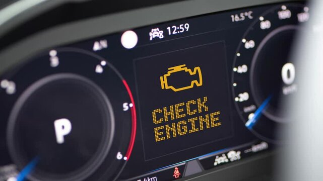 Interior of a modern car and a Check Engine warning light