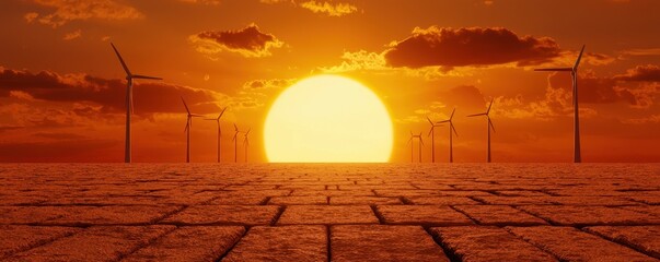 clean energy wind startup concept. Vibrant sunset over wind turbines on a flat landscape, casting warm colors across the sky.
