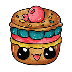 Macaroons Kawaii Cute Cake Hand Drawn Art Vector Hand Drawing Watercolor Illustration Icon