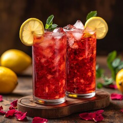 Refreshing red berry drink with lemon and mint served in tall glasses. Perfect for summer and beverage concepts.