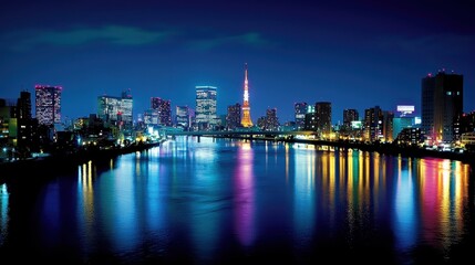 Fototapeta premium Futuristic Tokyo Neon-Lit Skyline from River