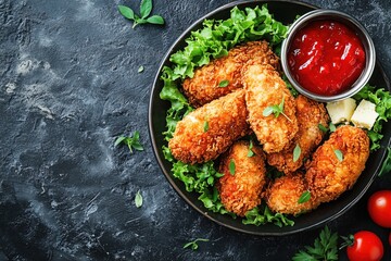 Crispy fried chicken with fresh lettuce and tomato sauce on dark textured background