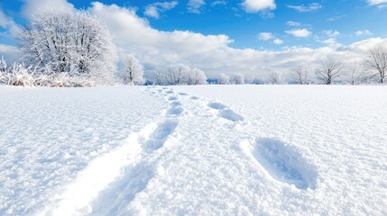 Obraz premium Footprints lead across a pristine snow-covered field towards frost-covered trees under a bright blue sky on a sunny winter day.