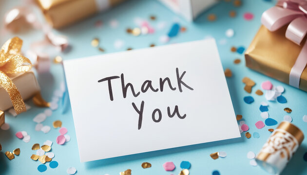 Thank you card with handwritten message surrounded by gifts and confetti, conveying gratitude and celebration. Perfect for expressing appreciation on special occasions