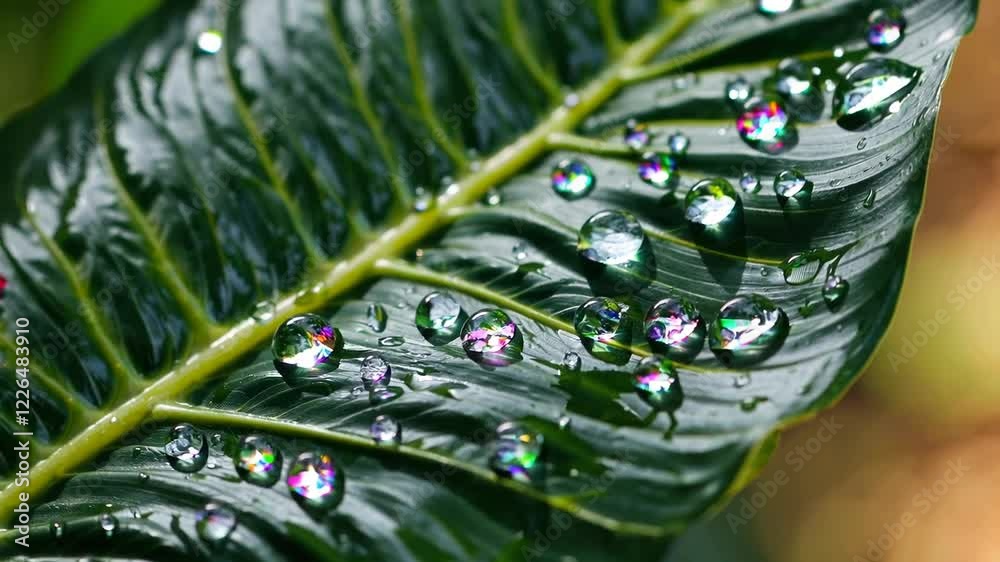 Poster a close-up of raindrops on a large tropical leaf, each droplet refracting sunlight to create tiny ra