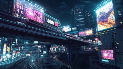 Futuristic Tokyo Neon-Lit Highway Overpass