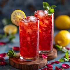 Refreshing red berry drink with lemon and mint served in tall glasses. Perfect for summer and beverage concepts.