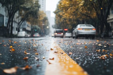 Autumn rain falls gently on empty streets of, creating a tranquil atmosphere with scattered leaves