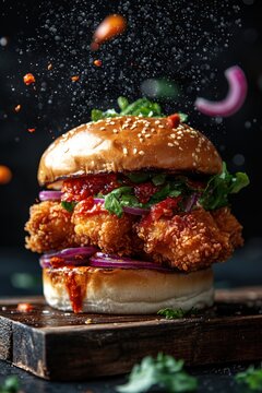 Crispy chicken burger with falling sauce and toppings on a dark wooden board with dark background