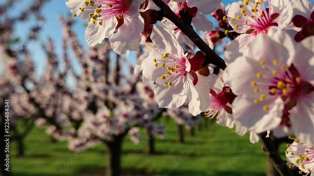 Poster a tranquil orchard in full bloom with neat rows of blossoming trees under a gentle morning light, pe