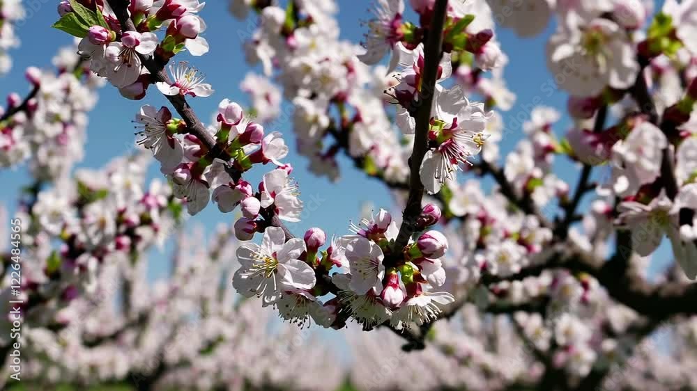 Poster a tranquil orchard in full bloom with neat rows of blossoming trees under a gentle morning light, pe