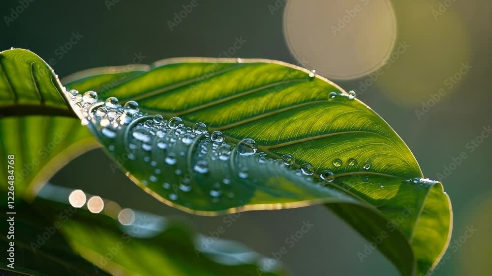 Poster a close-up of raindrops on a large tropical leaf, each droplet refracting sunlight to create tiny ra