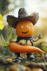 Fototapeta premium Happy pumpkin farmer holding carrot, autumn garden