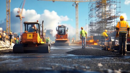 Construction workers paving road, city background