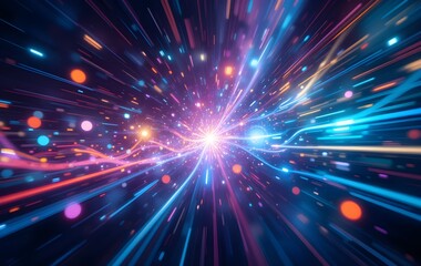 Naklejka premium Futuristic Light Speed Travel Concept with Vibrant Neon Colors and Digital Motion Effect