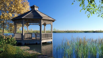 Obraz premium Lakeside gazebo autumn tranquility scenic view