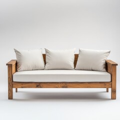 Fototapeta premium Rustic wooden sofa with three off-white cushions.