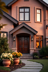 Obraz premium Brick House Exterior at Dusk: A Captivating View of a Residential Home's Stunning Architecture and Landscaping