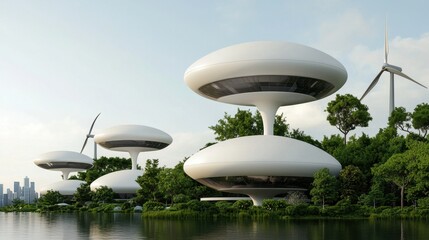 Fototapeta premium clean energy wind startup concept. Futuristic eco-friendly structures surrounded by greenery and wind turbines near a body of water.