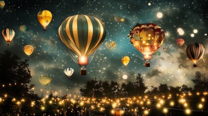 Fototapeta premium Magical night sky with hot air balloons and fairy lights.