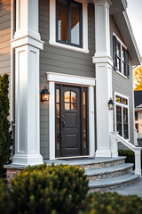 Luxury Home Exterior: Modern Gray House with White Columns and Stone Steps. Beautiful Residential Architecture and Design