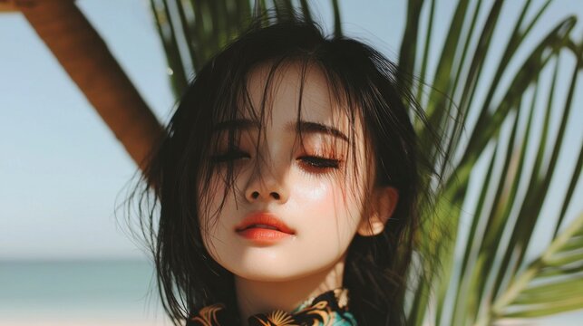 Serene Asian Woman Beach Portrait  Calm  Sun Kissed  Relaxed  Summer  Tropical  Ocean  Bea